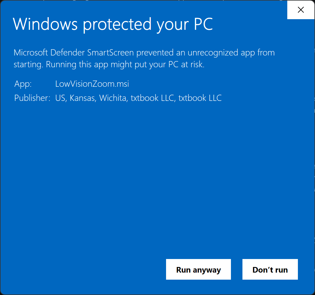 The blue ‘Windows protected your PC’ screen. After clicking ‘More info,’ a ‘Run anyway’ button appears at the bottom — click it to continue.